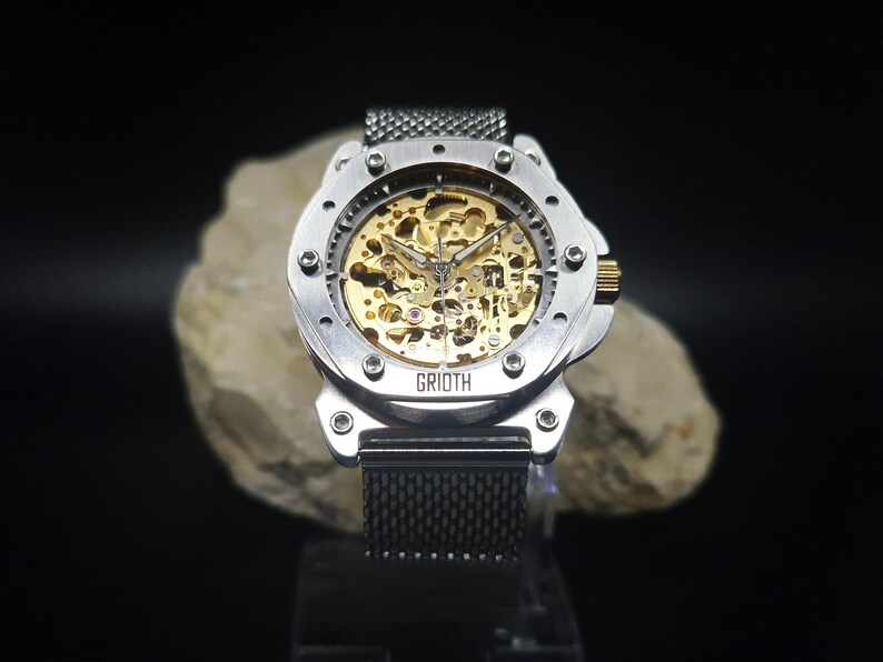 Unusual watch for man. Mechanical automatic gold skeleton movement. Silver stainless steel MESH bracelet. Perfect gift for gentleman. 40mm image 3