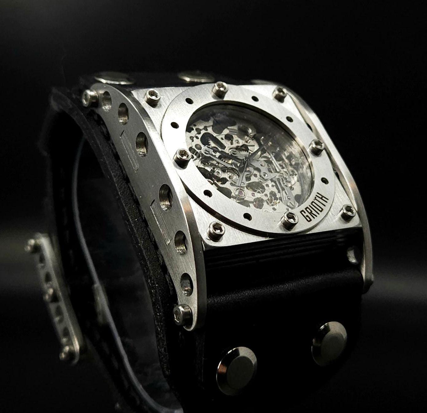 Industrielle Stil Uhr, Steampunk, Automatik Armbanduhr, Sketell, Unikat Geburtstagsgeschenk für Ihn, für Mann, breites Lederband. Schneller Versand