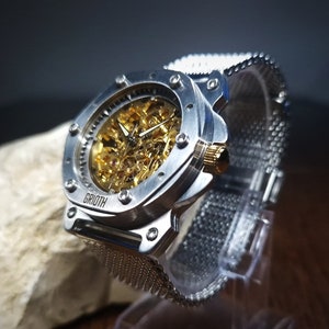 Unusual watch for man. Mechanical automatic gold skeleton movement. Silver stainless steel MESH bracelet. Perfect gift for gentleman. 40mm image 9
