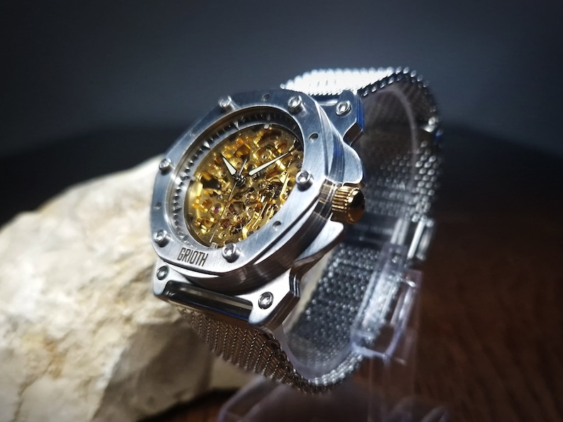 Unusual watch for man. Mechanical automatic gold skeleton movement. Silver stainless steel MESH bracelet. Perfect gift for gentleman. 40mm image 9