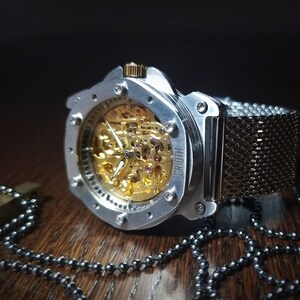 Unusual watch for man. Mechanical automatic gold skeleton movement. Silver stainless steel MESH bracelet. Perfect gift for gentleman. 40mm image 8