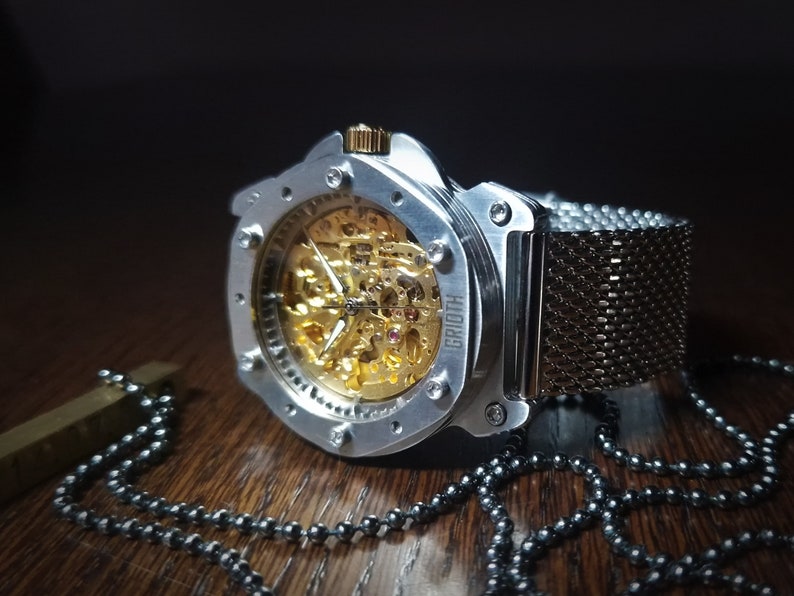 Unusual watch for man. Mechanical automatic gold skeleton movement. Silver stainless steel MESH bracelet. Perfect gift for gentleman. 40mm image 8
