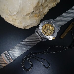 Unusual watch for man. Mechanical automatic gold skeleton movement. Silver stainless steel MESH bracelet. Perfect gift for gentleman. 40mm image 4