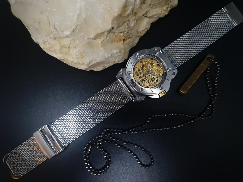 Unusual watch for man. Mechanical automatic gold skeleton movement. Silver stainless steel MESH bracelet. Perfect gift for gentleman. 40mm image 4