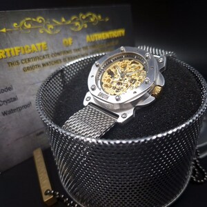 Unusual watch for man. Mechanical automatic gold skeleton movement. Silver stainless steel MESH bracelet. Perfect gift for gentleman. 40mm image 6