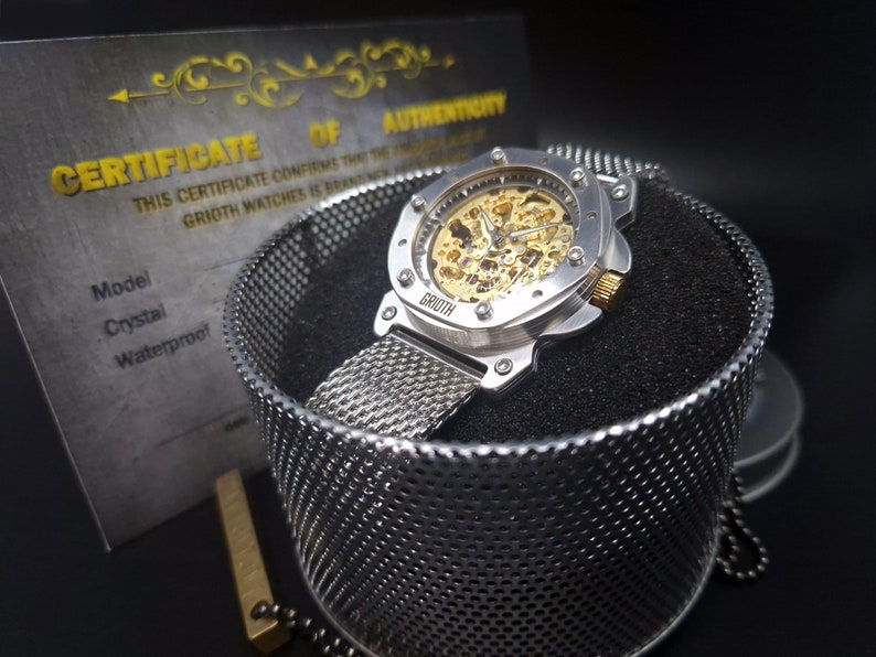 Unusual watch for man. Mechanical automatic gold skeleton movement. Silver stainless steel MESH bracelet. Perfect gift for gentleman. 40mm image 6