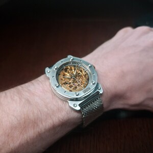 Unusual watch for man. Mechanical automatic gold skeleton movement. Silver stainless steel MESH bracelet. Perfect gift for gentleman. 40mm image 7