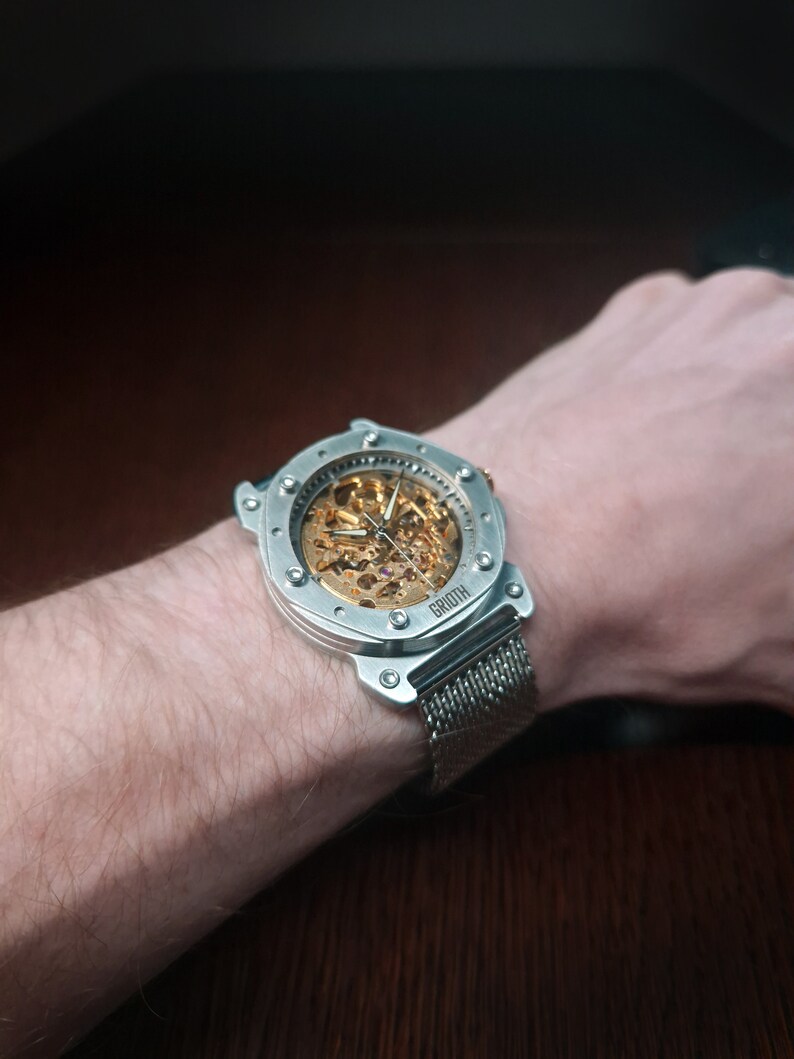 Unusual watch for man. Mechanical automatic gold skeleton movement. Silver stainless steel MESH bracelet. Perfect gift for gentleman. 40mm image 7