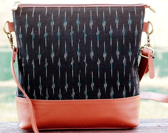 Elegant Crossbody Bag, Handwoven Ikat fabric and Vegan Leather, Gift for Her, Everyday Casual, Boho Purse, College Bag