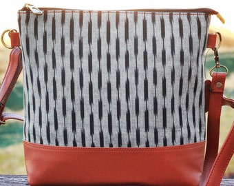 Elegant Crossbody Bag, Handwoven Ikat fabric and Vegan Leather, Gift for Her, Everyday Casual, Boho Purse, College Bag