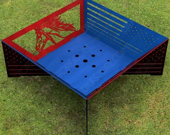 Fire Pit USA vlag en paardenkop White Mountain Fire Pit 36" L x 36" W x 15" H Square Fire Pit Digitaal product, bestanden dxf, SVG voor Plasma