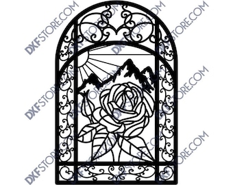 Decoratieve metalen kunstpoort: roos, bergontwerp (digitale DXF-download)