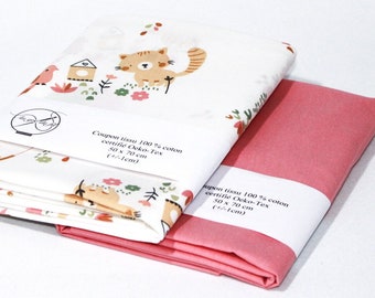 Coupon tissu (lot de 2) - 100% coton Oeko tek - imprimé chaton, éléphanteau ..... + coton uni rose assorti