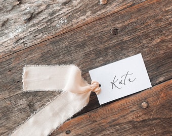Calligraphy Wedding Place Name Card | White Card, blush Chiffon, Calligraphy Chiffon Ribbon Silk Ribbon Place Name Card