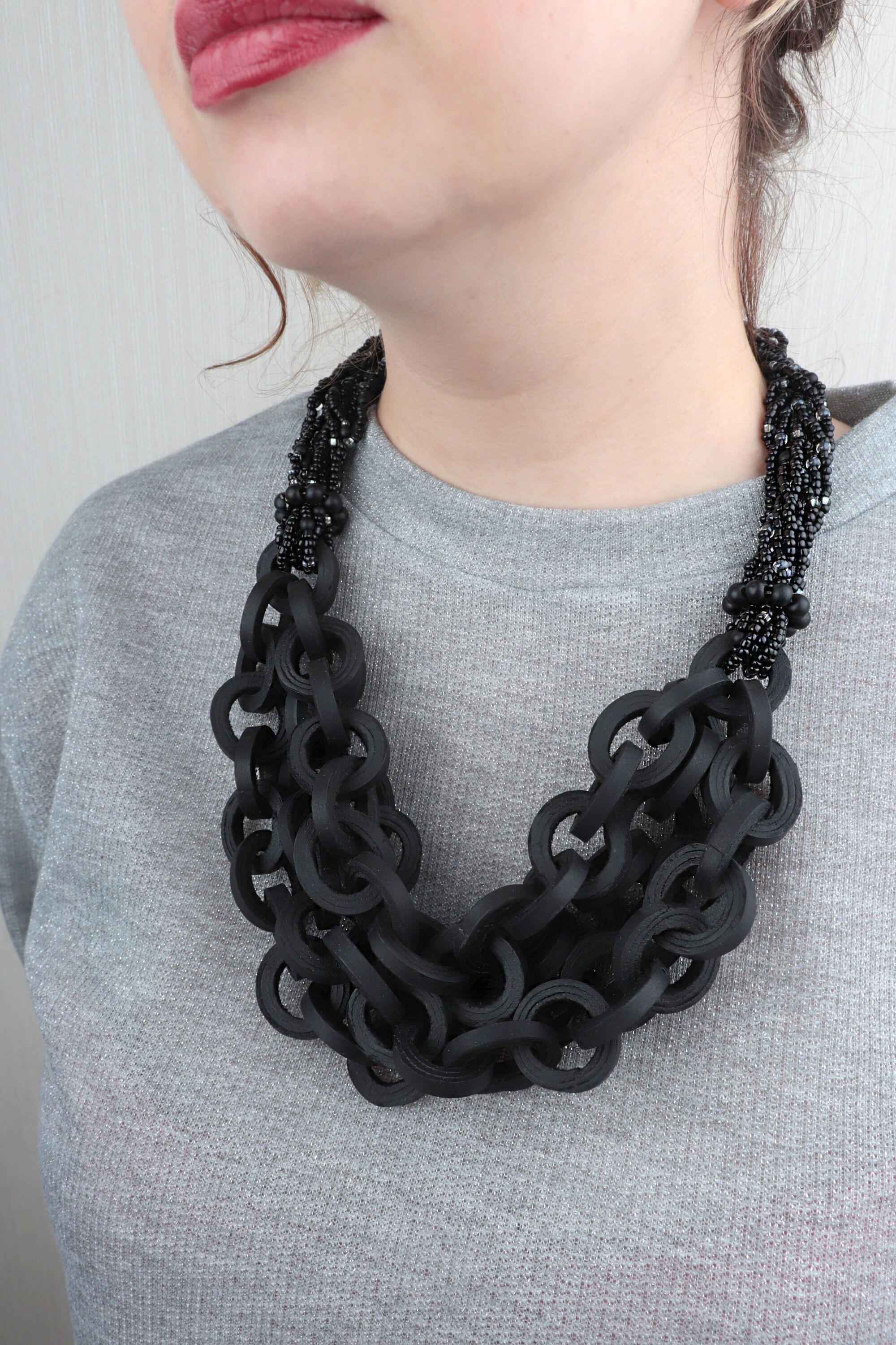 Black Statement Necklace Women Leather Jewelry Chunky Etsy