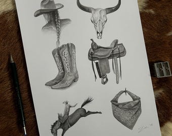 Boceto del Oeste americano – Dibujo original a grafito (A4)