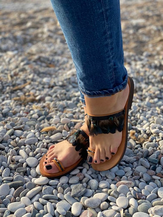 Hippie Jesus Sandals, Women Buffalo Leather Sandals, Gypsy Boho Shoes, T  Strap Slipper, Kolhapuri Chappal, Summer Sandals, Toe Ring Sandals - Etsy