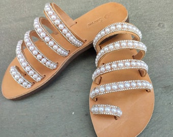 Pearl Wedding Sandals: Handmade Greek Leather Bridal Shoes