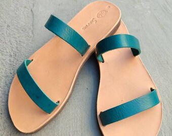 Teal Leather Sandals: Handmade Greek Style Flats