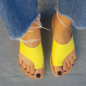 Yellow Leather Toe Ring Sandals: Handmade Greek Style
