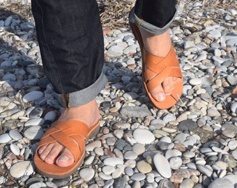 Handmade Leather Cross Sandals: Greek Style Slide Sandals