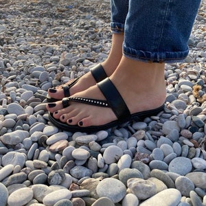 Anatomic womens leather sandals, Strappy sandals with strass decoration, Toe ring flats, Handmade Greek sandals, Black cushioned flats