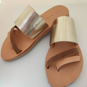 Gold leather flats for women, Handmade sandals, Natural tan ancient Greek sandals, Open toe leather sandal, Ladies sandals with arch support