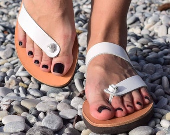 Handmade Greek Leather Sandals: White Strappy Flats