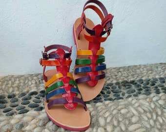 Gladiator leather sandals, Pride sandals, Rainbow, Strappy sandals, Ankle strap, Greek roman, Handcrafted sandals, Colourful, pride parade