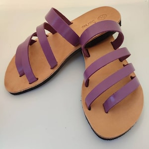 Handmade Lilac Leather Sandals: Greek Open Toe Strappy Slippers