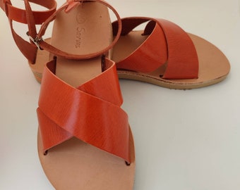 Orange leather flats for women, Handmade leather sandals with ankle strap, Ancient Greek sandals, Open toe leather shoes.