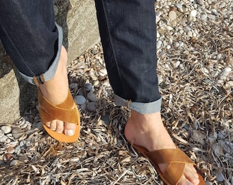 Wide Cross Leather Mens Sandals: Handmade Greek Slides