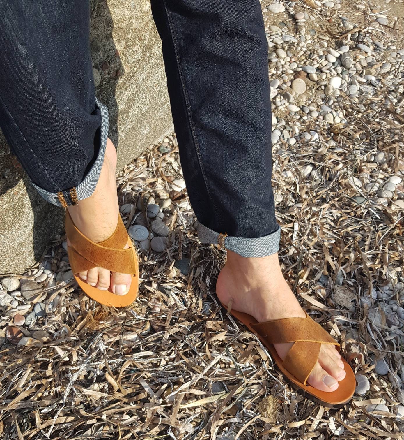 Wide Cross Mens Leather Sandals Ancient 