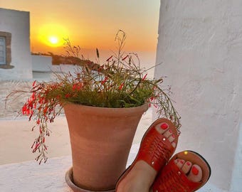 Handcrafted Greek Leather Platform Sandals - Wide Strap Red Flatform