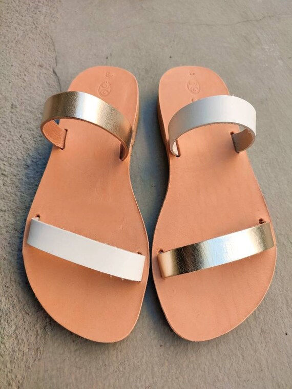 Leather Sandals Two Strap Greek Sandals in Rose Gold Leather 