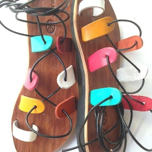 Multicoloured Gladiators for women, Colorful lace up flats, Toe ring leather sandals for women, bohemian ladies flats, Hippie sandals
