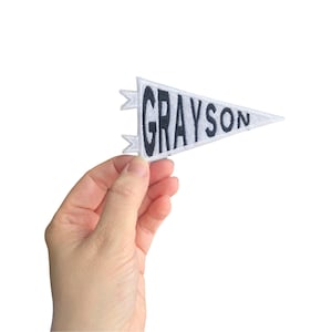 Custom Name Pennant Flag Iron On Patch | Patches for Bookbags | Patches for Jean Jacket | Patches for Kids | Custom B&W Name Patch