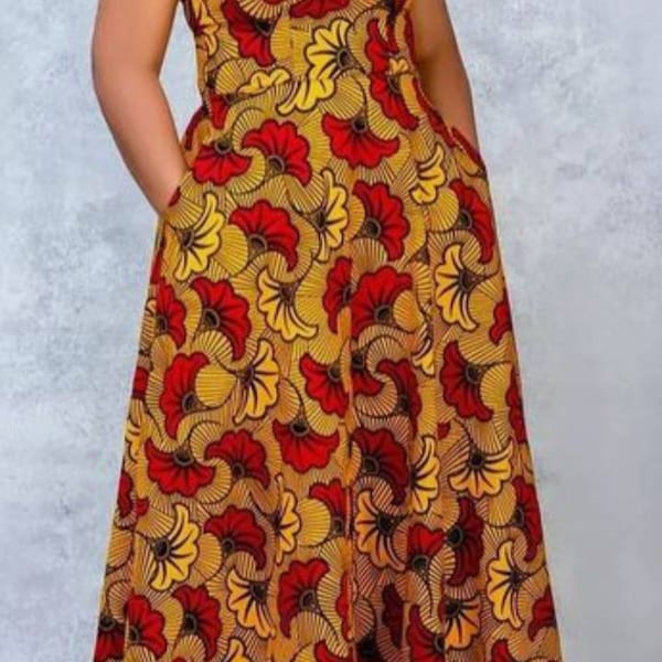 Bola flare dress with two sides pocket and front opening, ankara print