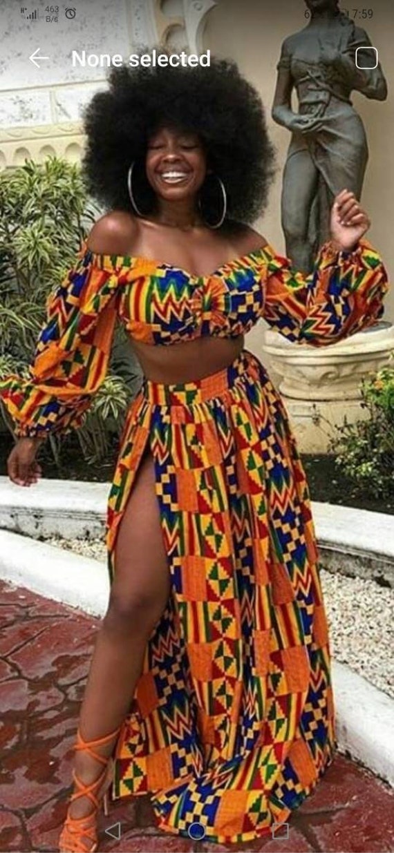 Kike long sleeve crop top with matching maxi skirt front slit skirt kente print African clothing