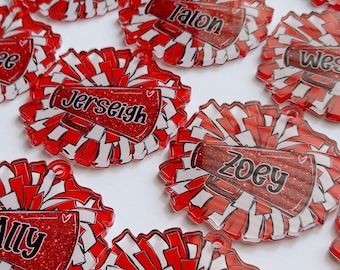 Personalized Pom Pom Bag Tag - Custom Name Tag for Backpacks, Cheer Bags, Sports Teams, School Spirit Gift, Acrylic Bag Tag