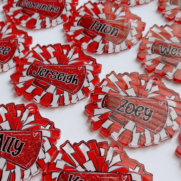 Personalized Pom Pom Bag Tag - Custom Name Tag for Backpacks, Cheer Bags, Sports Teams, School Spirit Gift, Acrylic Bag Tag