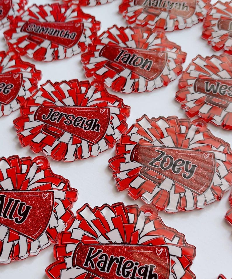 Personalized Pom Pom Bag Tag - Custom Name Tag for Backpacks, Cheer Bags, Sports Teams, School Spirit Gift, Acrylic Bag Tag image 1