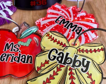 Personalized Girls Sports Bag Tag - Custom Name Tag with Bow - Cheer, Softball, Soccer, Basketball Gift
