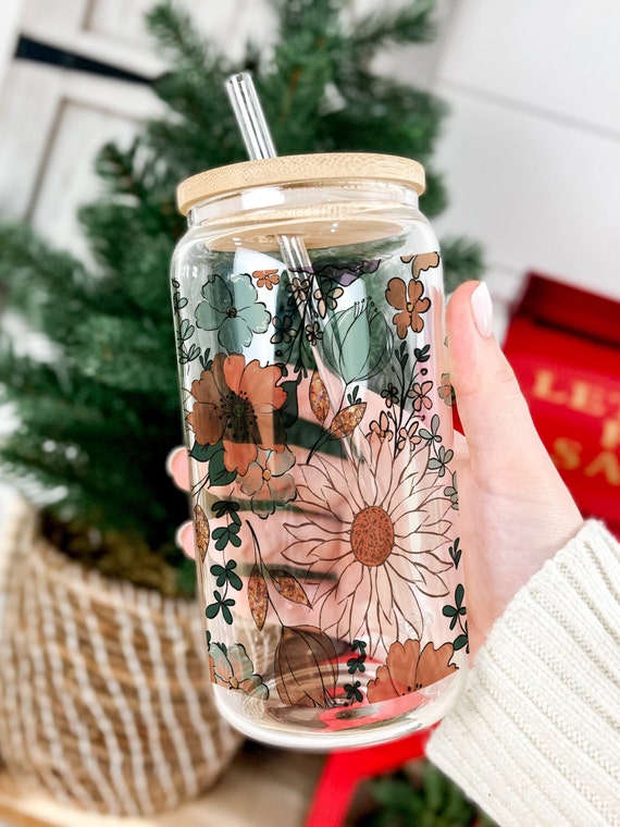 Floral Boho Glass Can Cup, Trendy Glass Clear Cup, Iced Coffee Cup, Cold  Drink Cup, Christmas Gift Idea