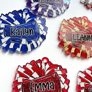 Personalized Pom Pom Bag Tag - Custom Name Tag for Backpacks, Cheer Bags, Sports Teams, School Spirit Gift, Acrylic Bag Tag image 2