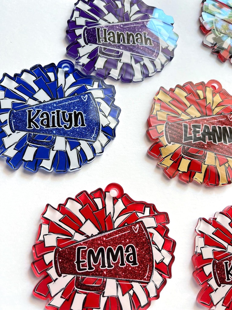 Personalized Pom Pom Bag Tag - Custom Name Tag for Backpacks, Cheer Bags, Sports Teams, School Spirit Gift, Acrylic Bag Tag image 2