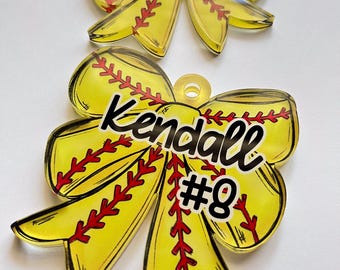 Custom Girls Sports Bag Tag - Softball Baseball Bow Name Tag