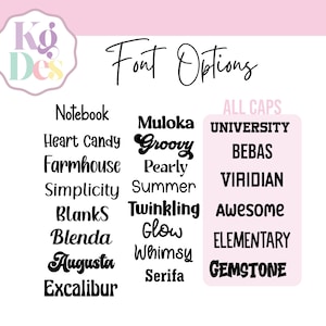 May include: A pink and white graphic with the text "K&oacute; Des" in black. The graphic is surrounded by a white border. Below the graphic, there is a list of font names in black text. The font names are divided into two columns. The left column is labeled "Notebook" and the right column is labeled "ALL CAPS".