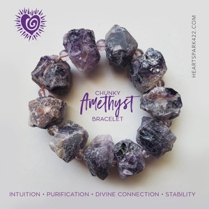 May include: A chunky amethyst bracelet with rough-cut purple stones and clear beads. The bracelet is displayed on a white surface. Text on the image reads "Chunky Amethyst Bracelet" and "Intuition, Purification, Divine Connection, Stability."