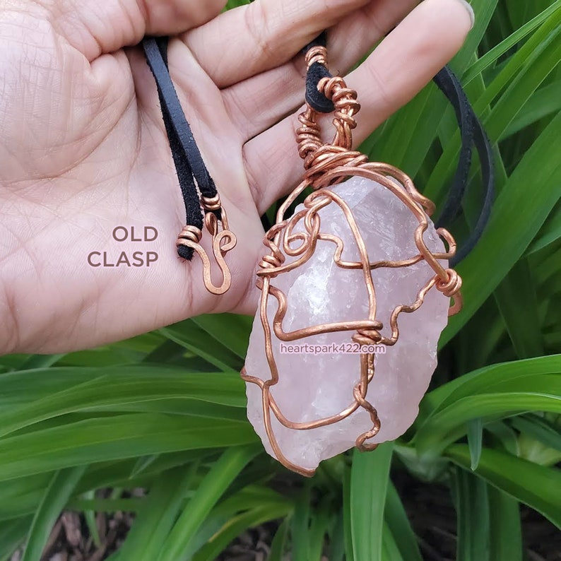 Chunky Raw Rose Quartz /& Copper Necklace with Leather cord Heart Spark 422